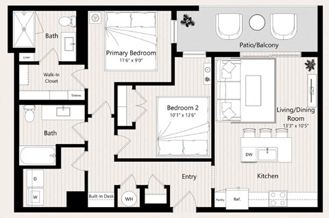 Floor plan for 2 beds, 2 baths, 987 sqft